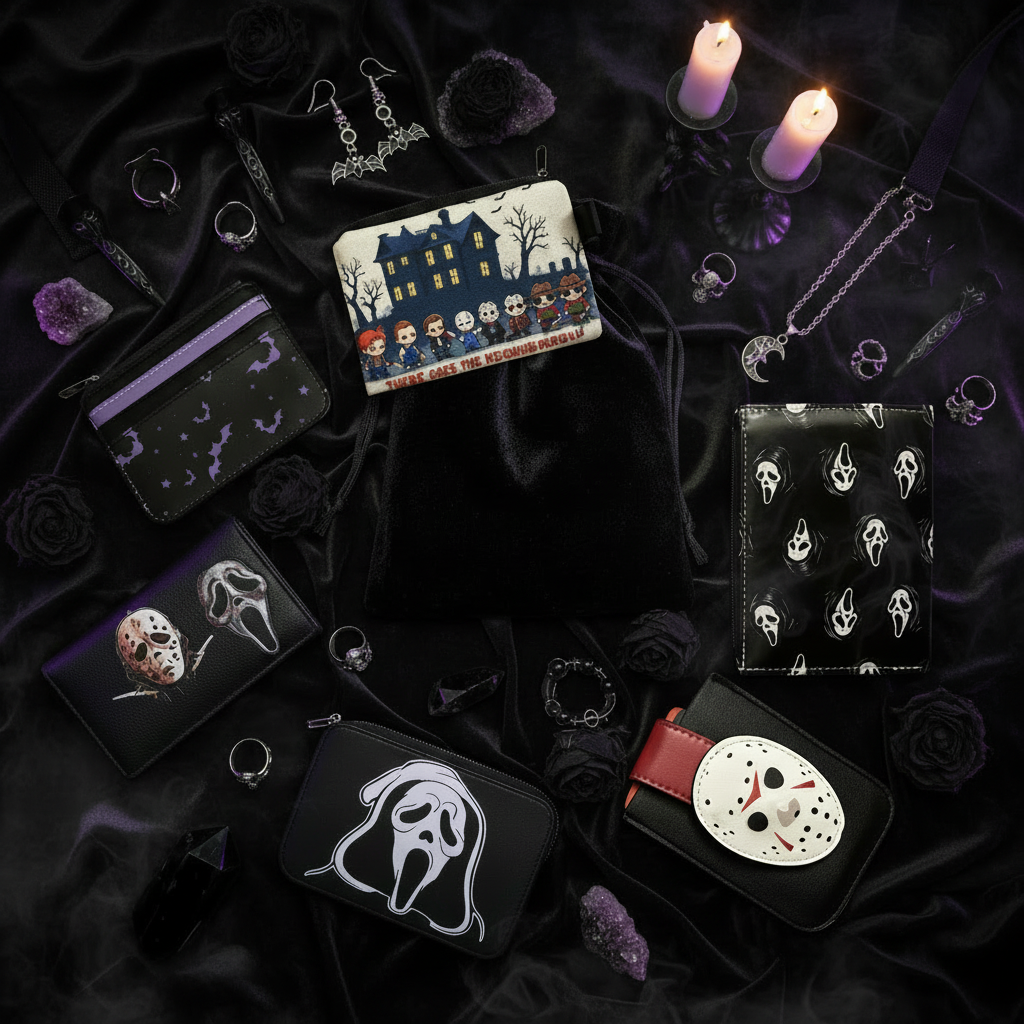 Premium Goth/Horror Bracelet Pouch Pull luxury editorial flat lay featuring horror character wallets, goth jewelry, crystals, dried roses and candlelight on black velvet