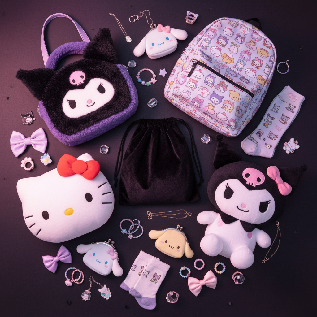 Premium Kawaii/Sanrio Bracelet Pouch Pull flat lay featuring Hello Kitty and Kuromi plushies, fuzzy Kuromi bag, Sanrio backpack, jewelry and accessories on a dark magical background