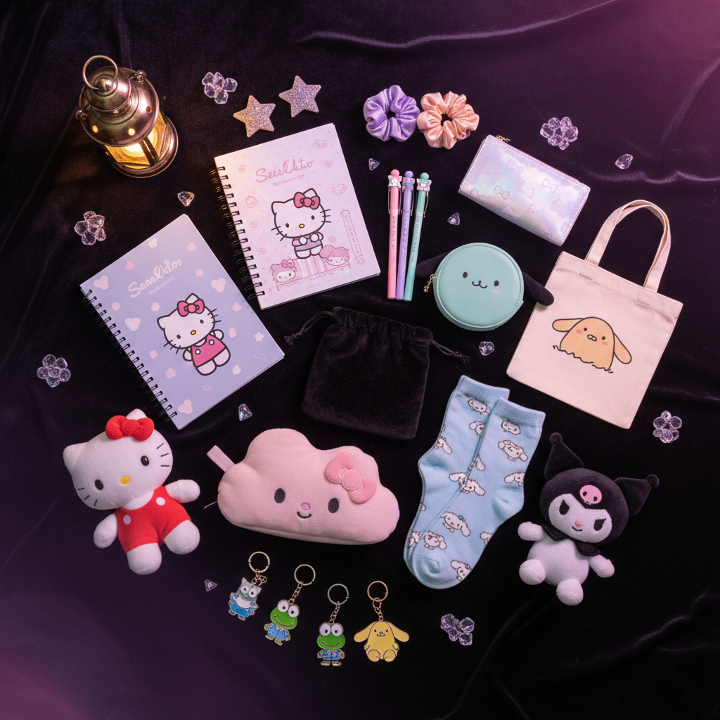 Kawaii/Sanrio Bracelet Pouch Pull flat lay with Hello Kitty and Kuromi plushies, coin purse, clutch, pencil case, socks, hair accessories, and keychains on a dark moody background