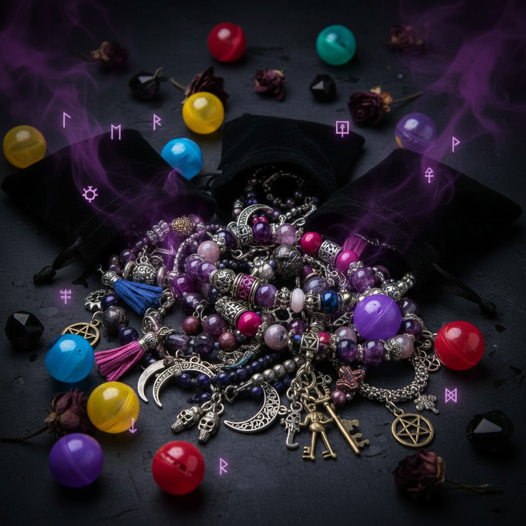 Dark moody bracelet pile with black velvet pouches, purple smoke, dried roses and colorful capsule vending machine balls scattered around