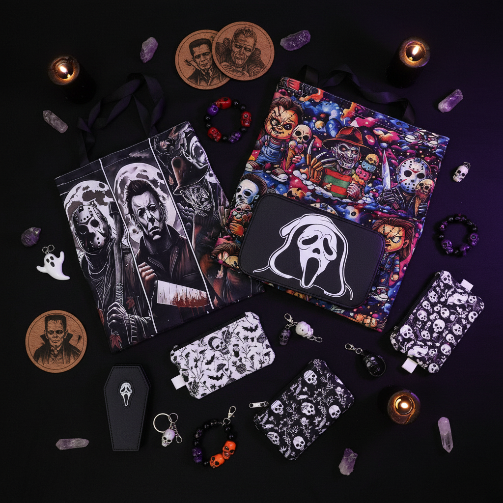 Goth/Horror Bracelet Pouch Pull flat lay with horror tote bags, Ghostface clutch, coin purses, bracelets, and keychains on a dark moody background